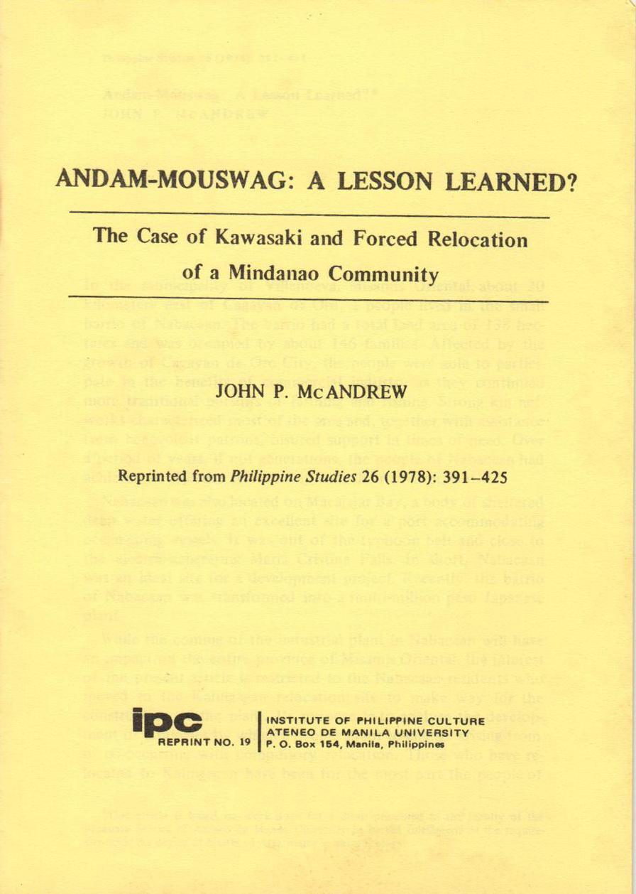 Andam Mouswag: A Lesson Learned? The Case Of Kawasaki and Forced Relocation of a Mindanao Community